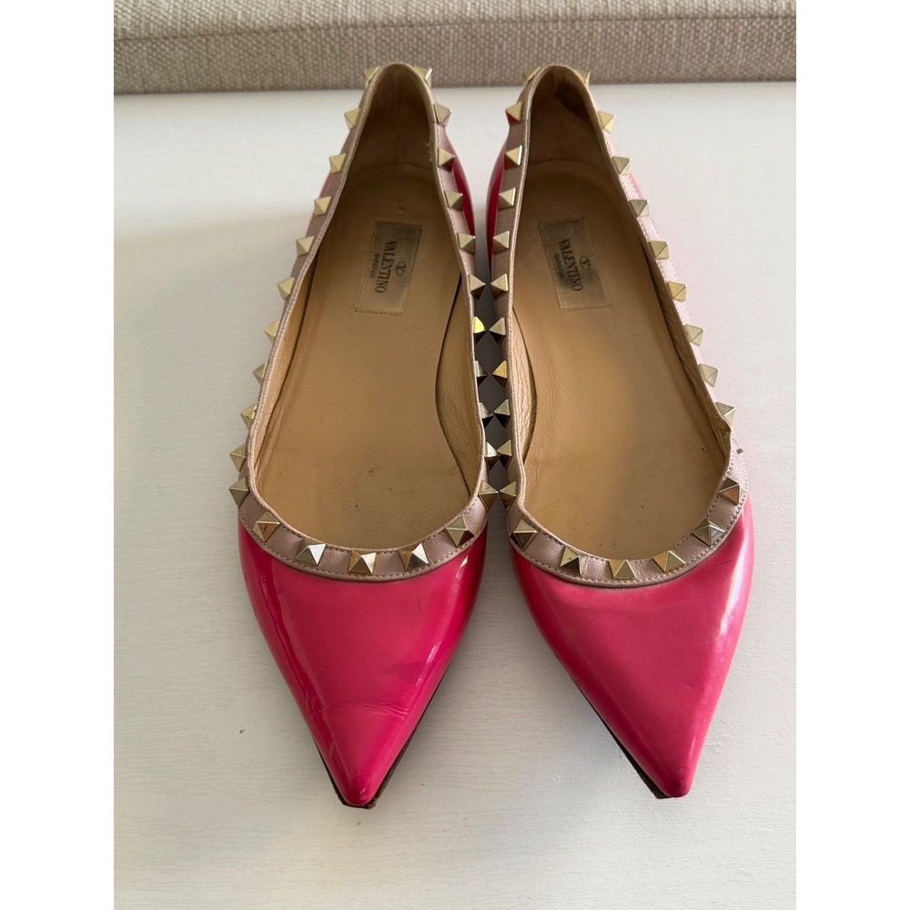 Valentino Garavani Rockstud Womens Pink Patent Ballet Flats 39 Pointed Toe Flaw